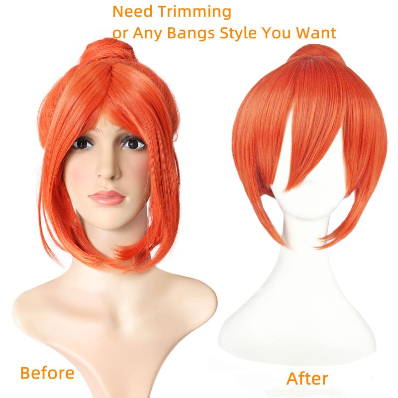 Prettybuy 13" Synthetic Orange Hair Short Straight Bob wig with Bangs with One Hair Bun Wig Heat Resistance Fiber Wig for Daily Use, Cosply, Parties and Halloween - Image 4